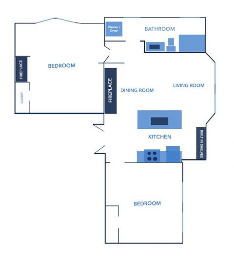 Floor plan for 2 beds, 1 bath, 970 sqft